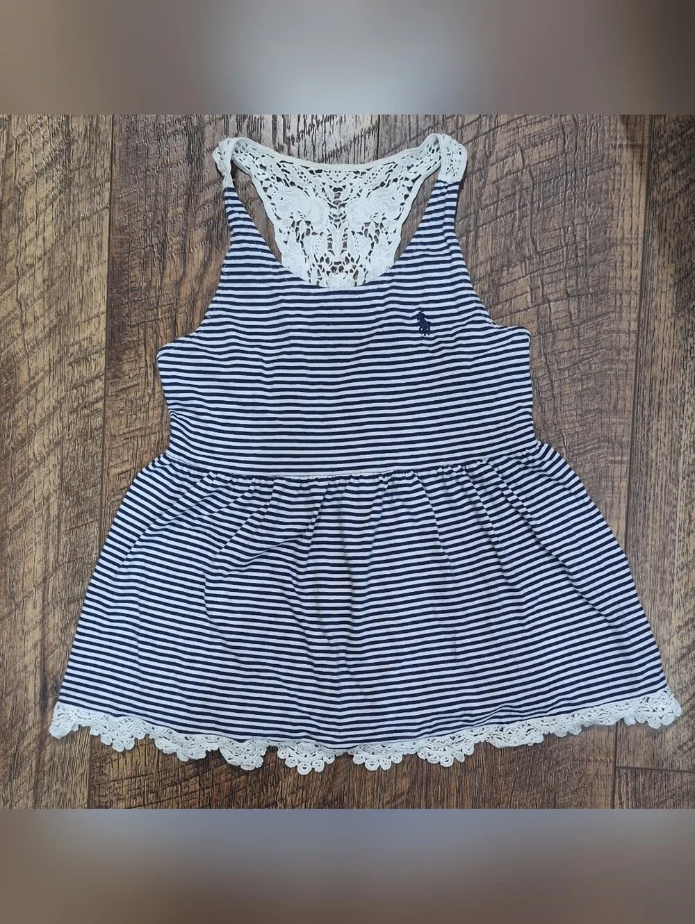 Polo Ralph Lauren Girls Blue/White Striped Fit & Flare Lace Top L (12-14)